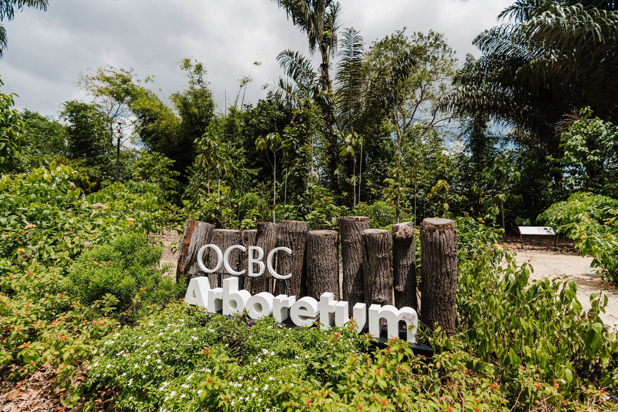 A sign with "OCBC Arboretum" sits among lush greenery and tall trees on a sunny day.